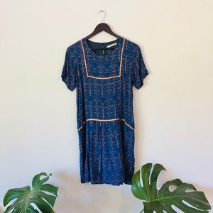 Acoté Lapiz Blue Drop-Waist Dress w/ Metallic Trim